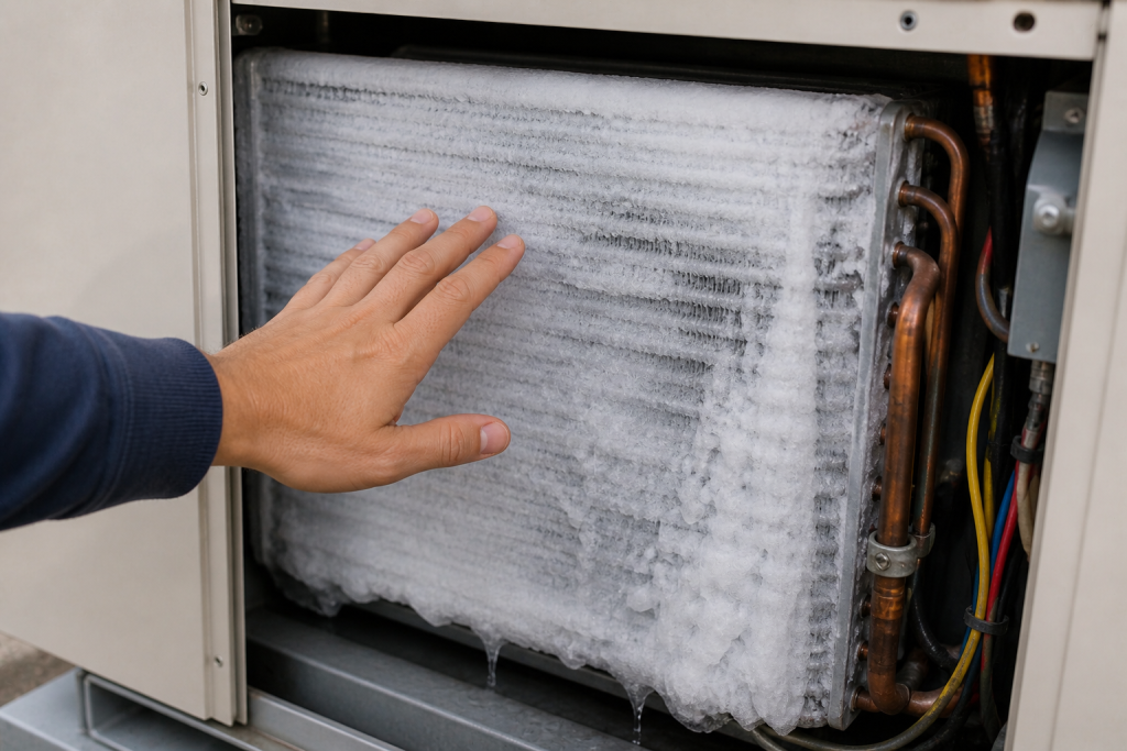 Inspecting frozen evaporator coils inside HVAC unit to diagnose AC not cooling issue