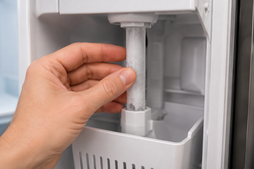 Hand inspecting a frozen fill tube inside a Whirlpool refrigerator ice maker compartment with visible frost buildup