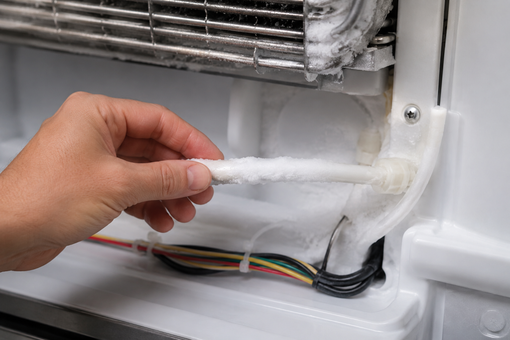 Hand inspecting a frozen refrigerator water line with visible frost buildup inside a freezer compartment