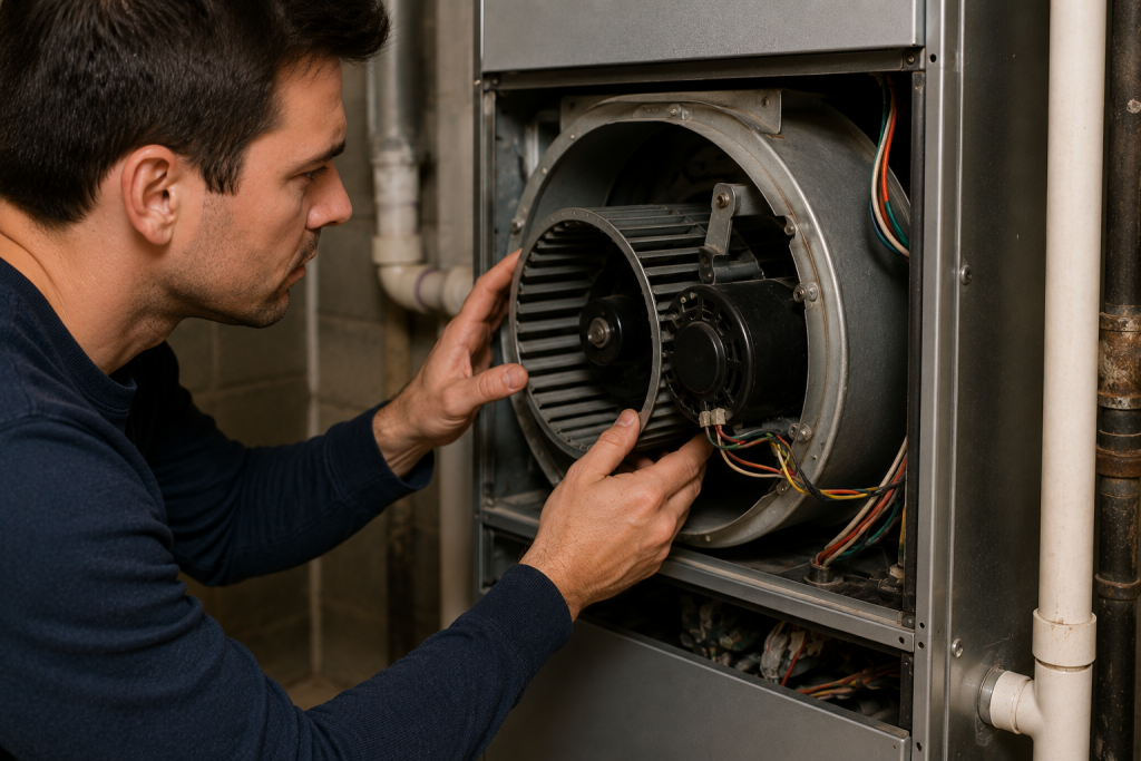 Inspecting a residential furnace blower motor inside an HVAC system during noisy furnace troubleshooting