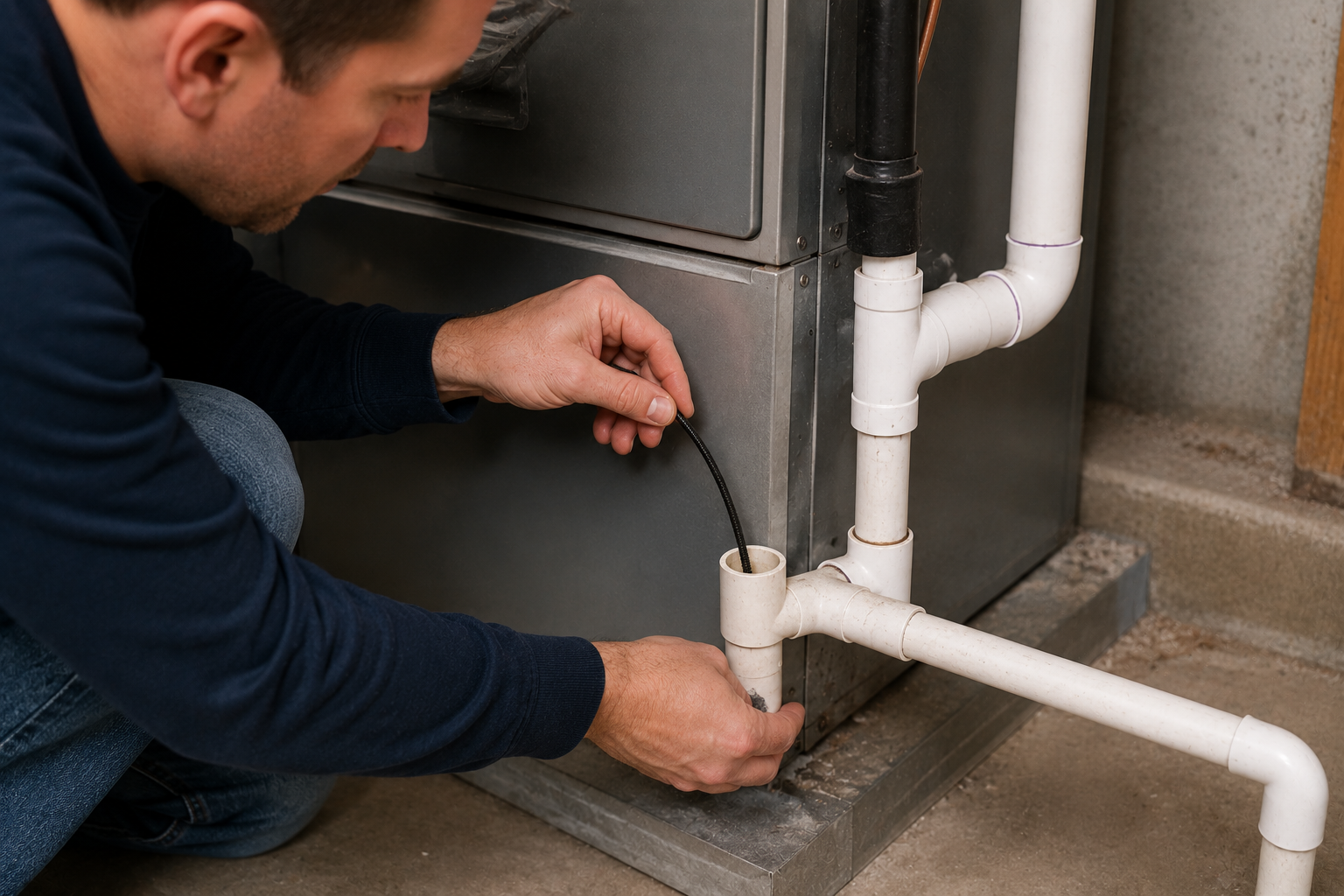 Inspecting a furnace condensate drain line for clogs and water buildup in a residential HVAC system
