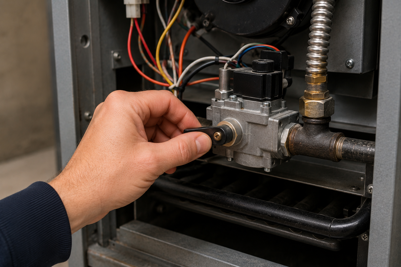 Hand checking the gas supply valve inside a residential gas furnace during HVAC ignition troubleshooting
