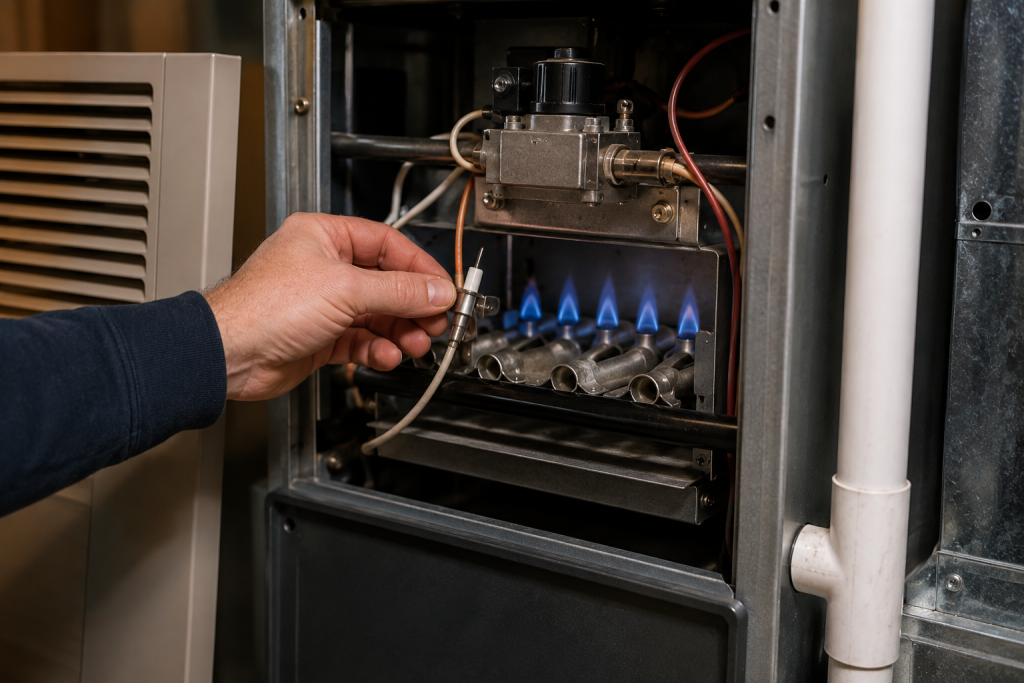 Inspecting a furnace pilot light and ignition system inside a residential HVAC unit during heating repair troubleshooting