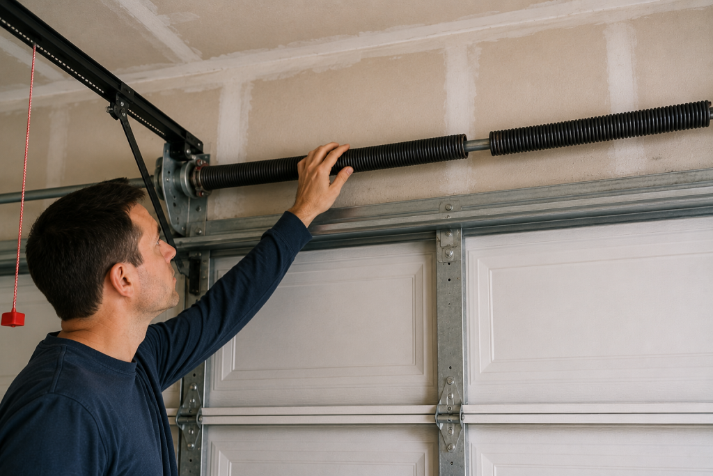Homeowner inspecting the torsion spring above a garage door while checking for signs of a broken spring inside a residential garage for a garage door that won't open