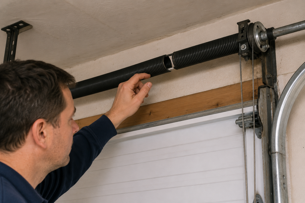 Homeowner inspecting a broken torsion spring and garage door cables above a residential garage door system