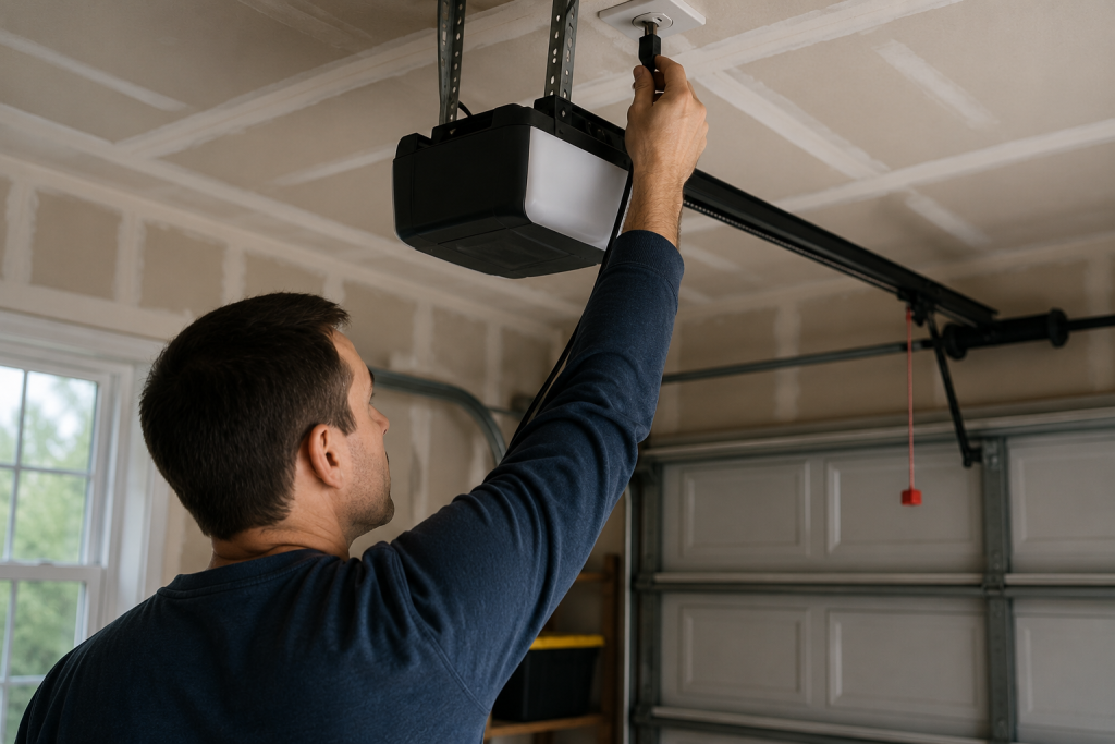 Homeowner checking the power connection on a ceiling-mounted garage door opener inside a residential garage