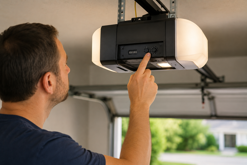 homeowner adjusting garage door opener settings on ceiling-mounted opener motor inside garage