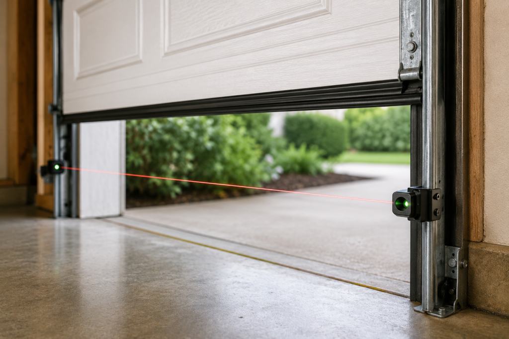 Garage door safety sensors with alignment beam near the bottom tracks of a residential garage door system
