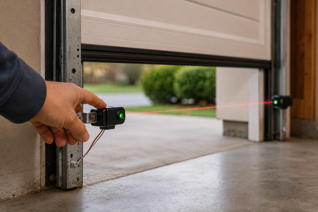 Inspecting and aligning garage door safety sensors near the floor to troubleshoot a garage door that stops halfway during operation