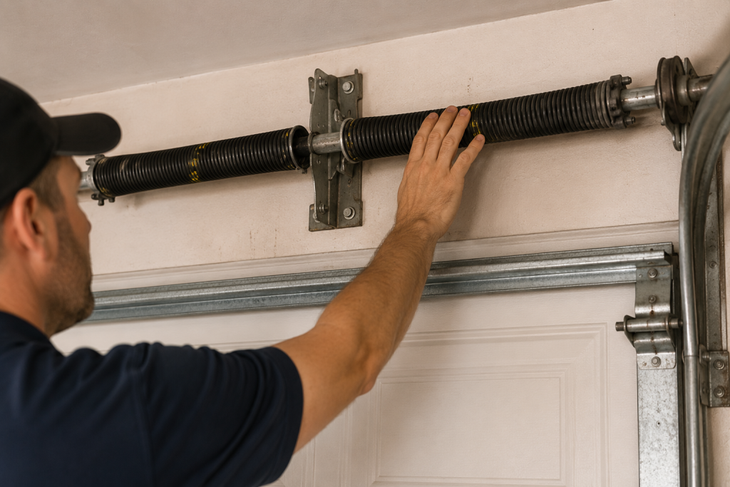 Inspecting residential garage door torsion springs for damage and tension problems during garage door repair troubleshooting