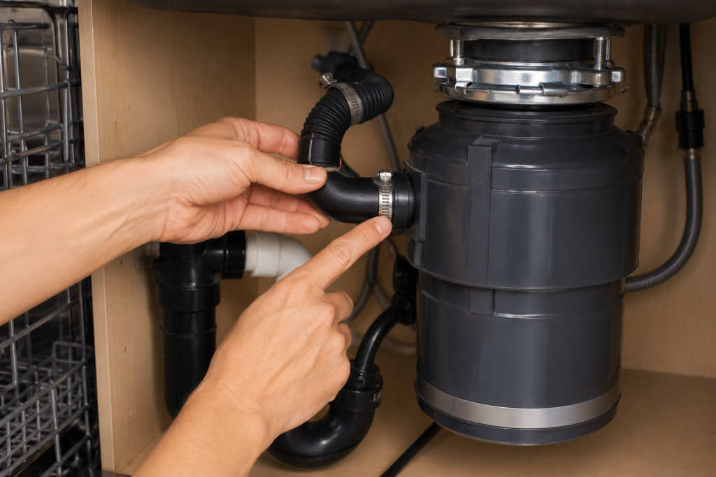 Hands inspecting the dishwasher drain hose connection to a garbage disposal under a kitchen sink