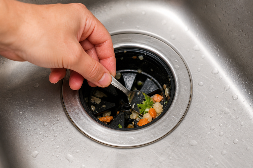 hand removing food debris from garbage disposal drain to check for visible obstruction garbage disposal humming but not working