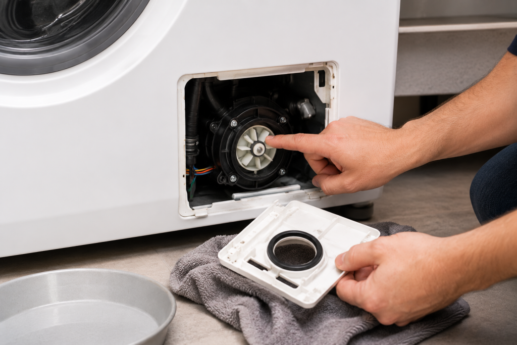Person inspecting the drain pump area inside a front-loading washing machine while troubleshooting a washer that is not draining properly.