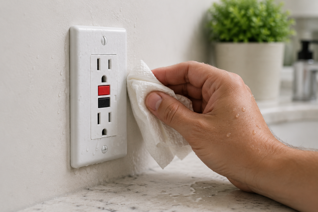 Hand drying moisture and water droplets near a wet GFCI outlet in a bathroom or kitchen setting