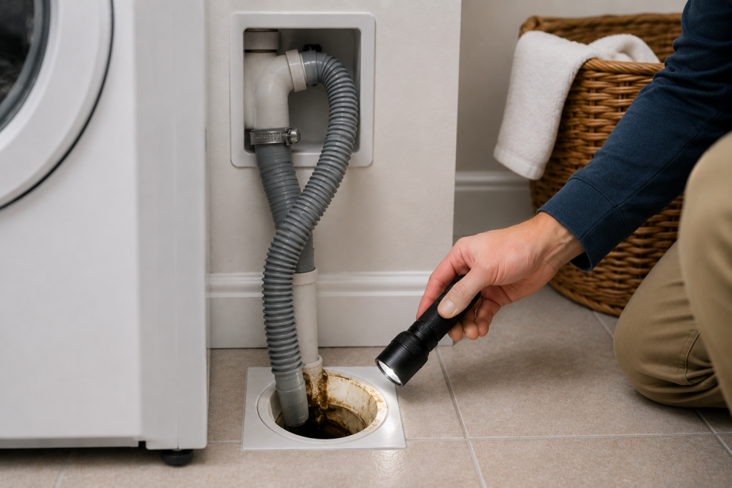 Homeowner inspecting a household laundry drain near a washing machine to check for clogs or slow drainage causing an LG washer OE code