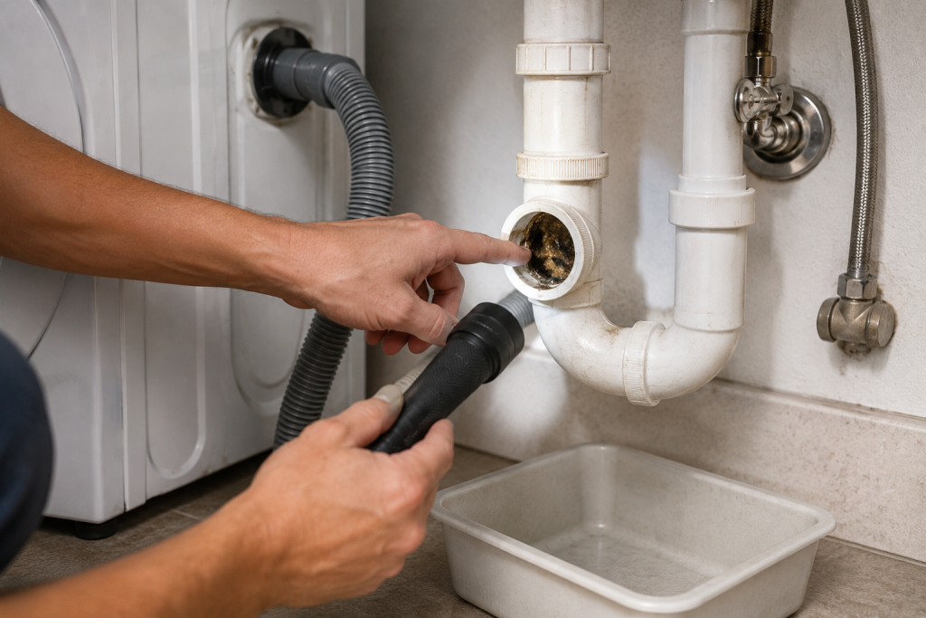 Inspecting a laundry room household drain and standpipe for clogs or slow drainage during Whirlpool washer F9E1 error troubleshooting