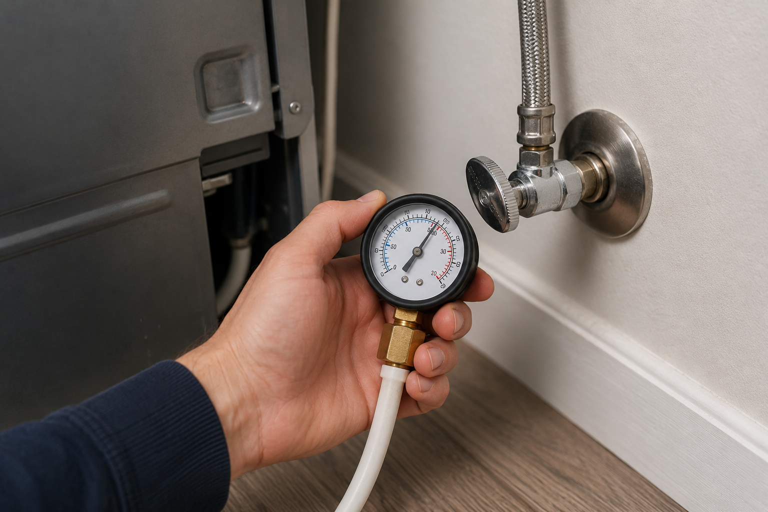 Hand holding a water pressure gauge connected near a refrigerator water supply valve inside a home kitchen area