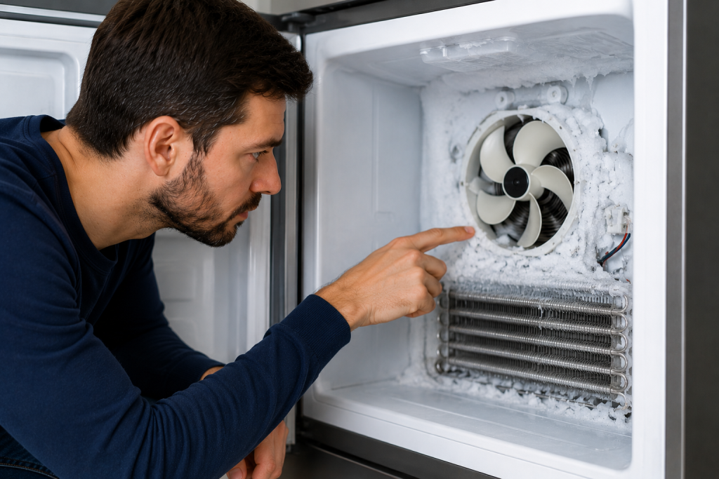 Homeowner inspecting frost and ice buildup around the evaporator fan inside a refrigerator freezer compartment during refrigerator noise troubleshooting