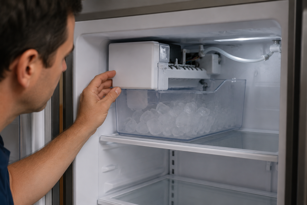 Homeowner inspecting refrigerator ice maker and ice bin for water leaks, ice buildup, or damaged components