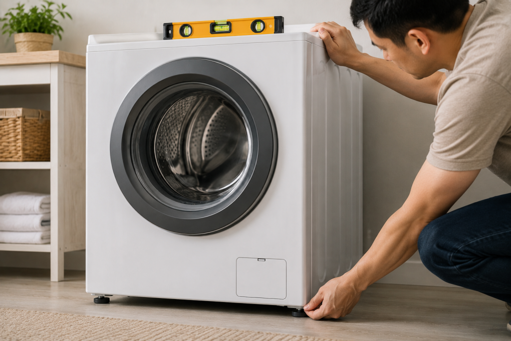Homeowner using a level and adjusting the leveling feet on an LG front load washing machine to fix a UE unbalanced load error caused by an uneven washer installation