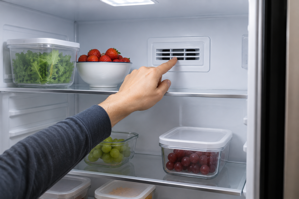 Hand inspecting air vents inside an LG refrigerator to improve airflow and cooling performance when freezer works but refrigerator is warm