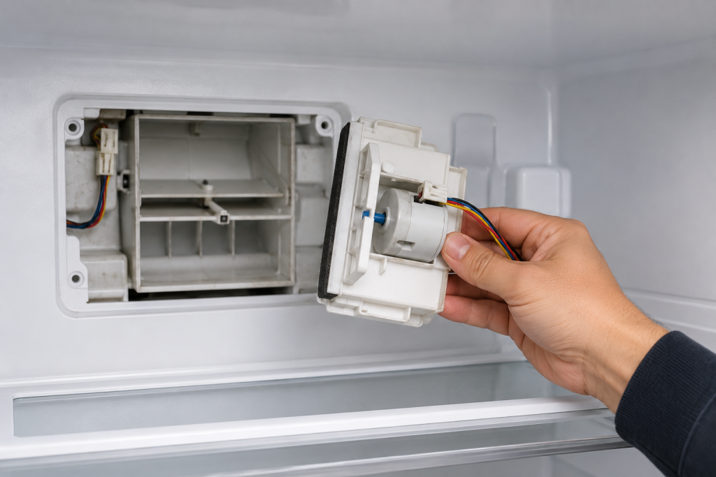 Inspecting the damper control assembly inside an LG refrigerator to troubleshoot airflow problems between the freezer and refrigerator compartments