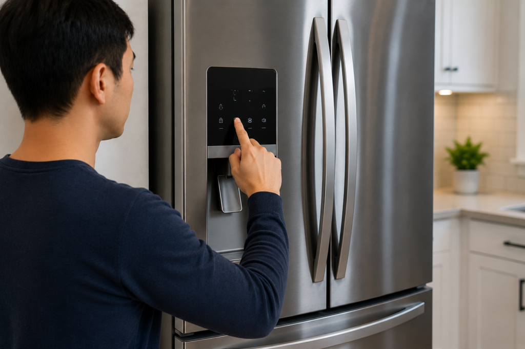 Close-up of an LG-style refrigerator display panel showing an error code while a homeowner checks the control screen in a modern kitchen