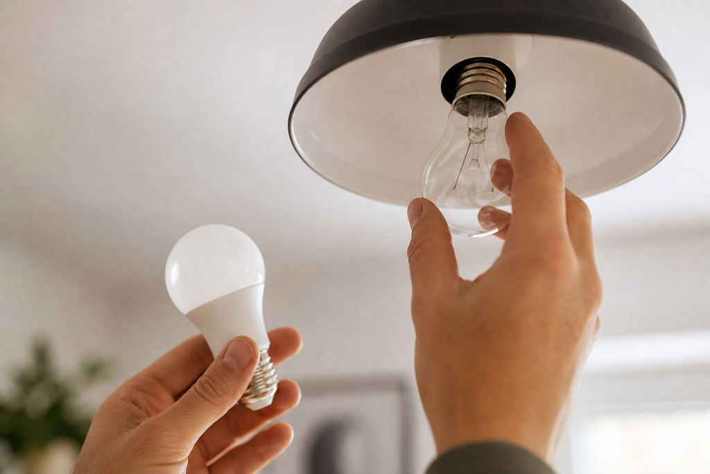 person checking and replacing a light bulb in a ceiling fixture to fix flickering lights
