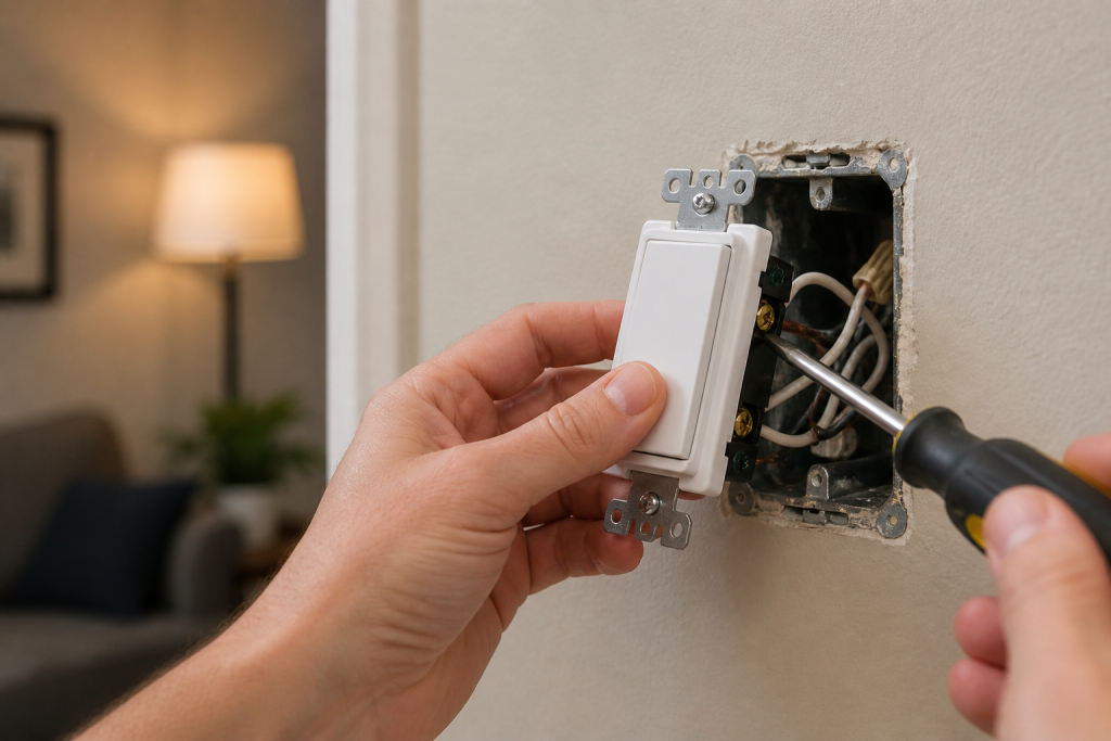 person inspecting and tightening a light switch inside an electrical box to fix flickering lights