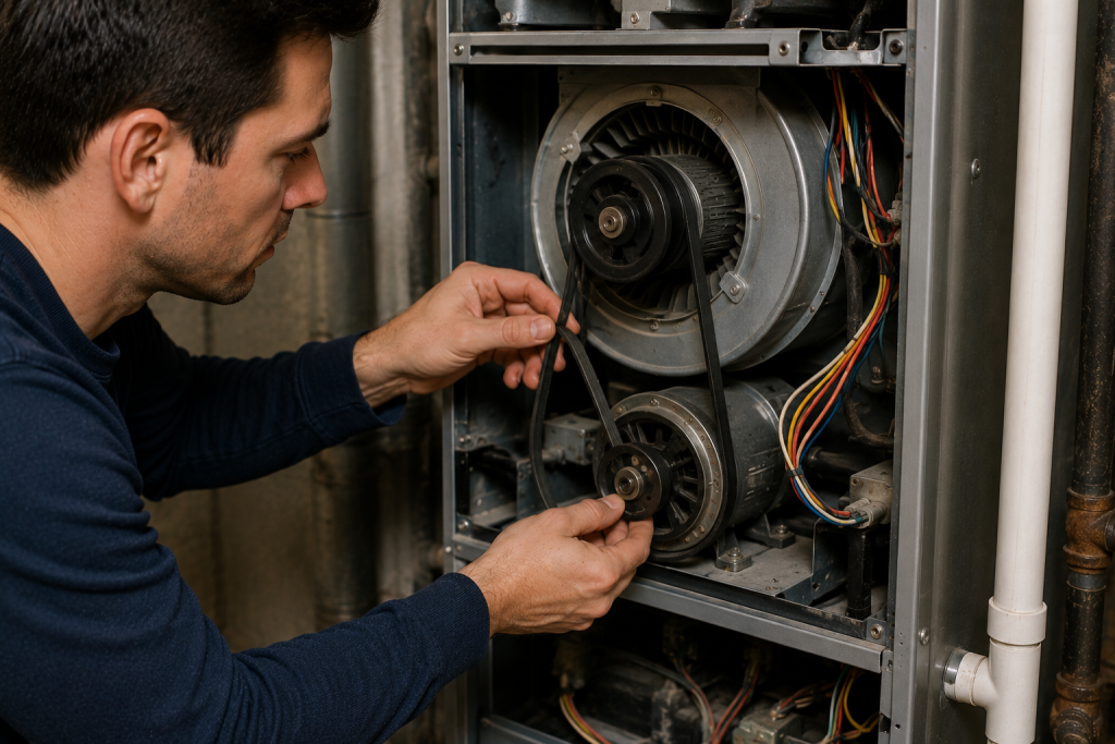 Inspecting a loose or damaged blower belt inside a residential furnace HVAC system during noisy furnace repair troubleshooting