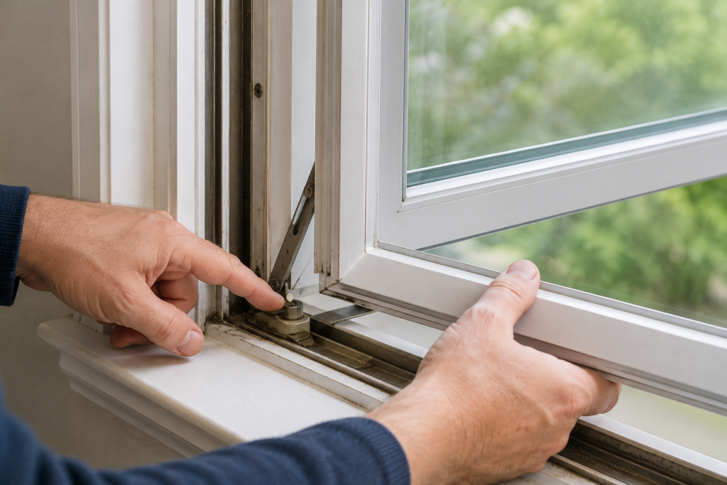 Inspecting loose pivot bars and balance shoes on a residential tilt window during window repair troubleshooting
