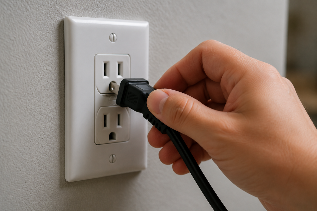 loose electrical plug partially inserted into worn wall outlet connection