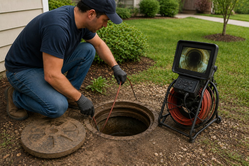Plumber inspecting residential main sewer line with drain camera equipment in front yard near cleanout access point