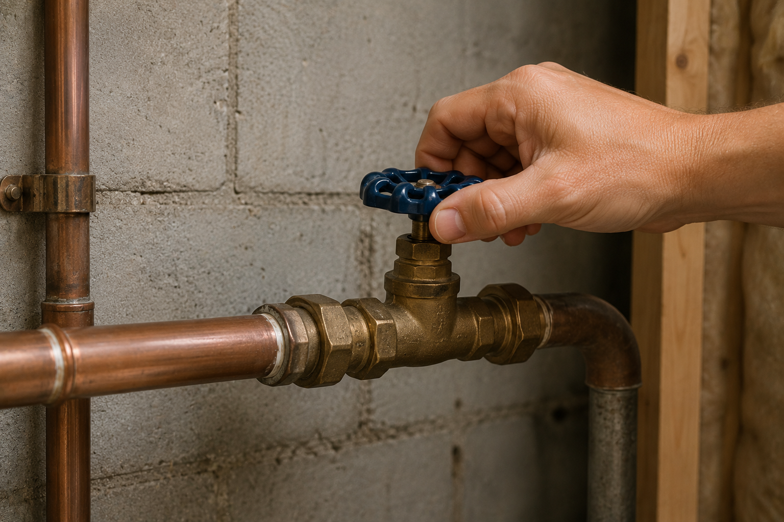 Homeowner checking a residential main water shutoff valve to troubleshoot low water pressure in a shower