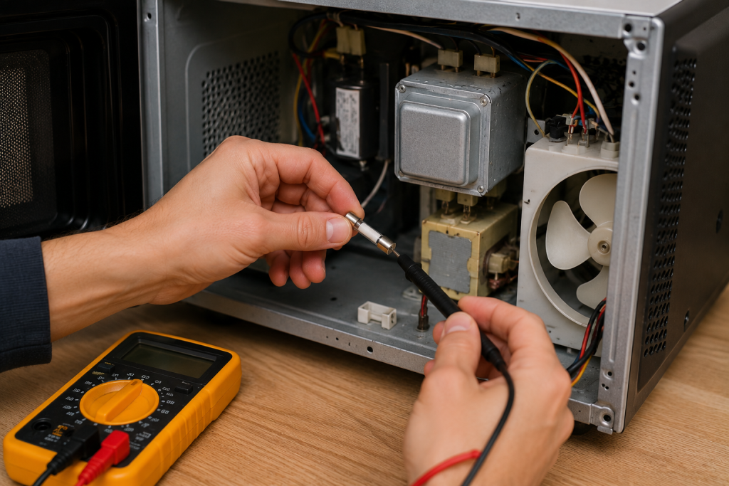 Technician inspecting the internal fuse inside a microwave during appliance electrical troubleshooting