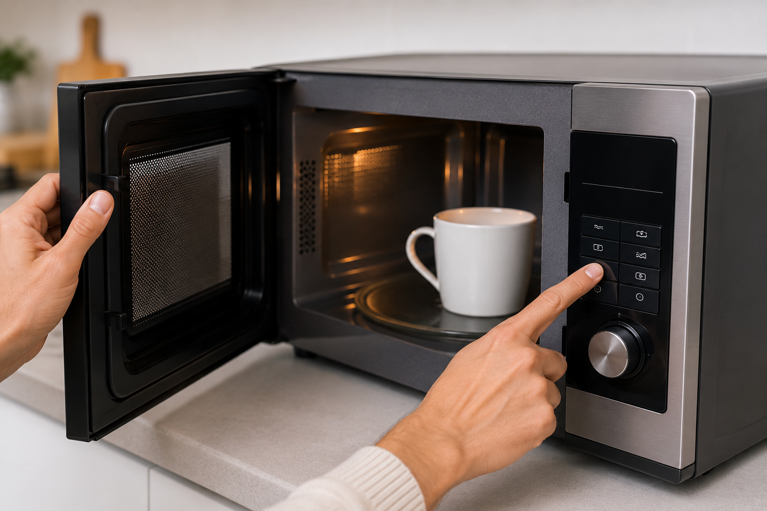 Hand adjusting the power level settings on a kitchen microwave control panel during microwave heating troubleshooting