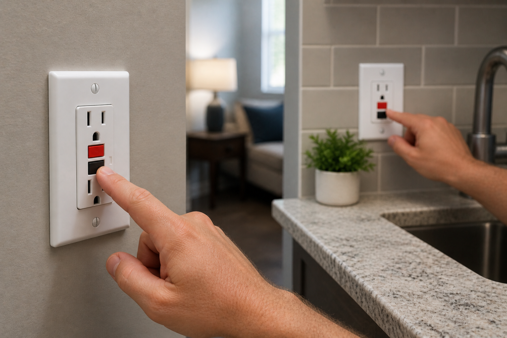 Person testing multiple GFCI outlets on the same electrical circuit in a kitchen and bathroom area