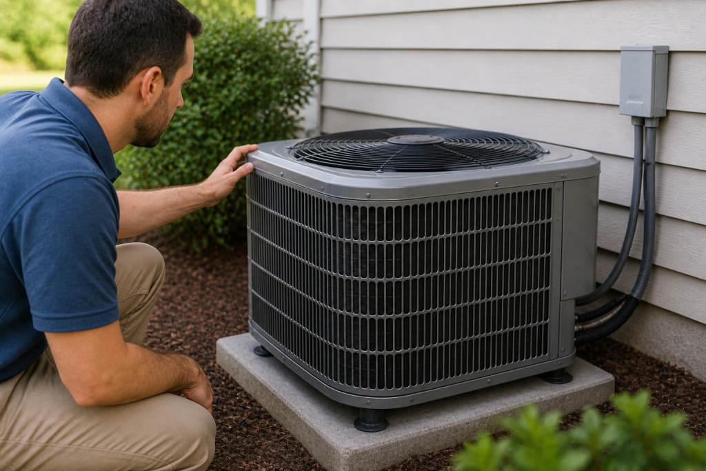 Inspecting outdoor AC condenser unit to see if it is running properly