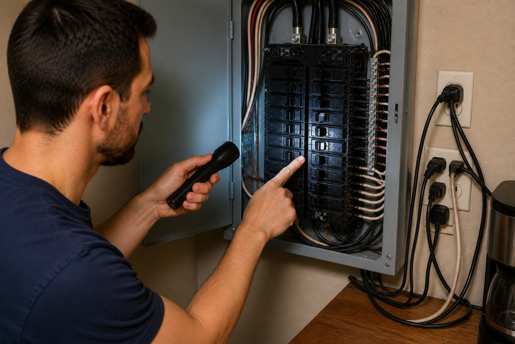 Inspecting electrical panel for overloaded circuit causing breaker to trip