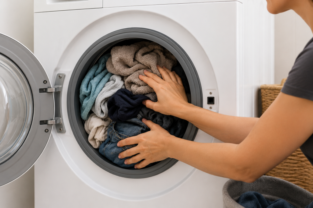 Person checking an overloaded front-loading washing machine drum filled with towels and clothing before troubleshooting a drainage issue.