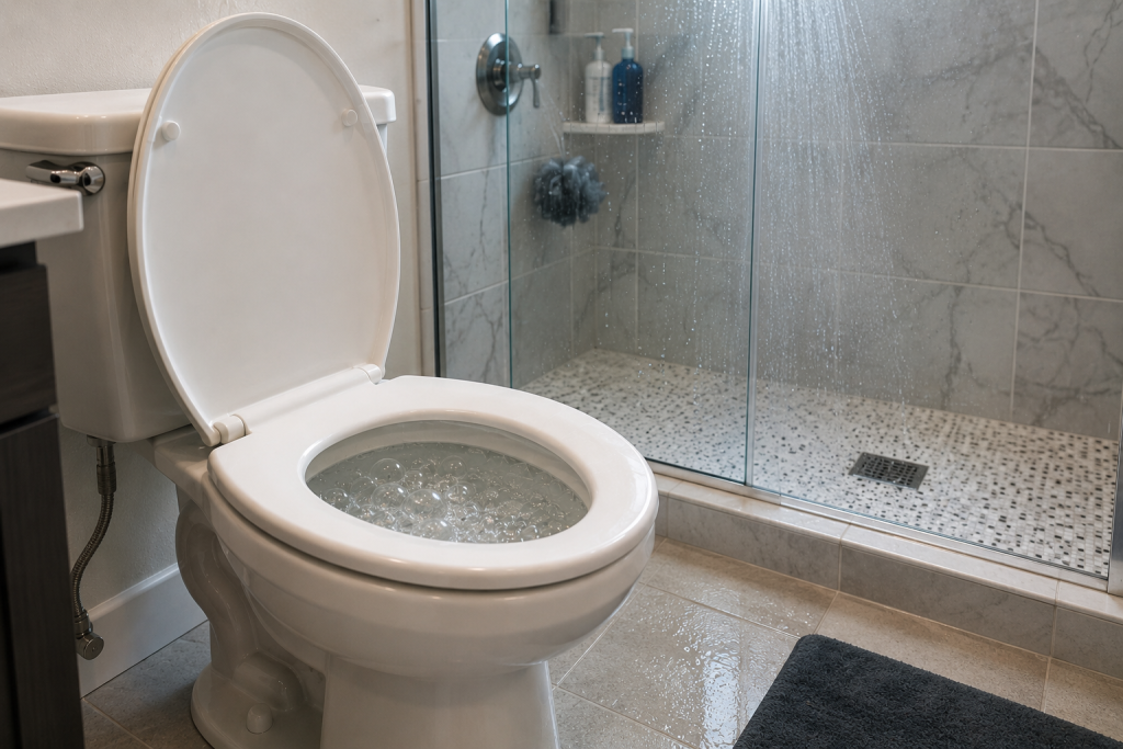Toilet bubbles when shower runs caused by partial drain line clog in modern bathroom