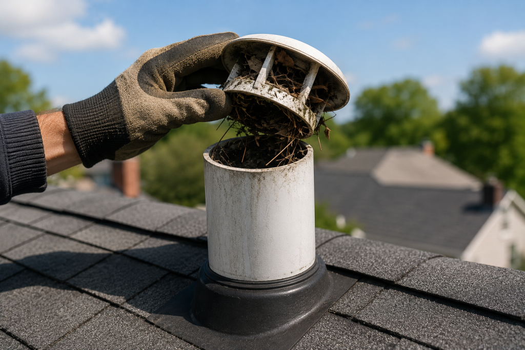 Homeowner inspecting a roof plumbing vent pipe clogged with leaves and debris causing toilet gurgling and drainage airflow problems