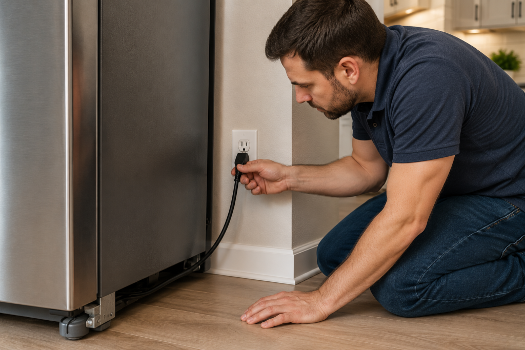 Homeowner inspecting the power cord connection behind a stainless steel GE-style refrigerator in a modern kitchen to troubleshoot a PF power failure error code