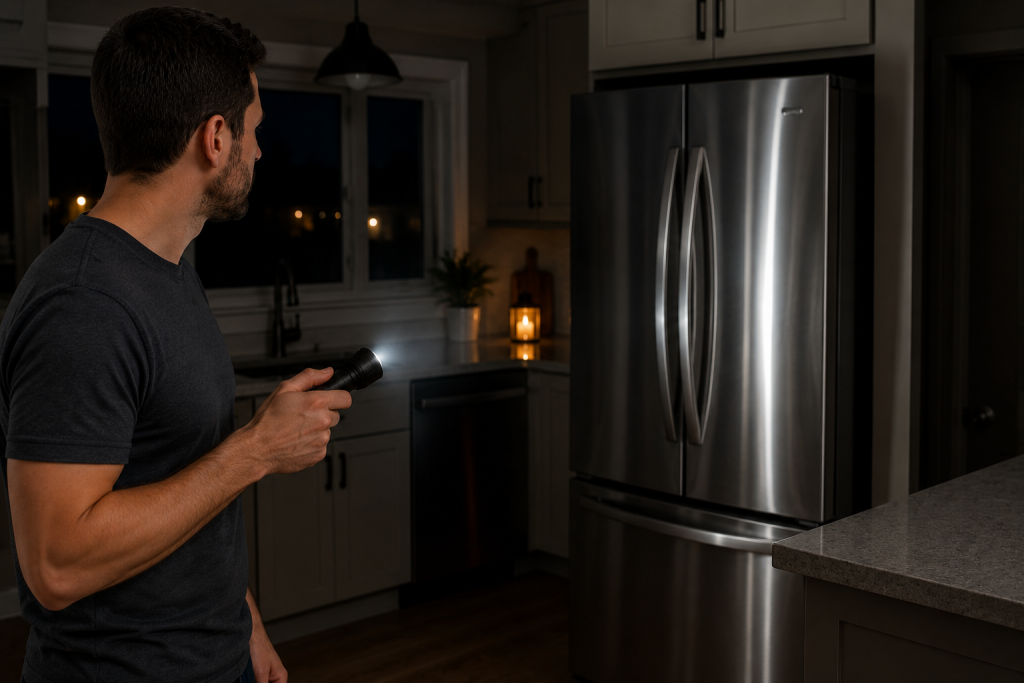 Homeowner standing in a dimly lit modern kitchen during a power outage while checking a stainless steel GE-style refrigerator after flickering lights and electrical voltage fluctuations