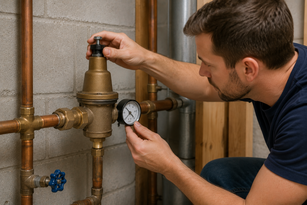 Homeowner inspecting a residential water pressure regulator connected to copper plumbing pipes to troubleshoot low water pressure in a shower