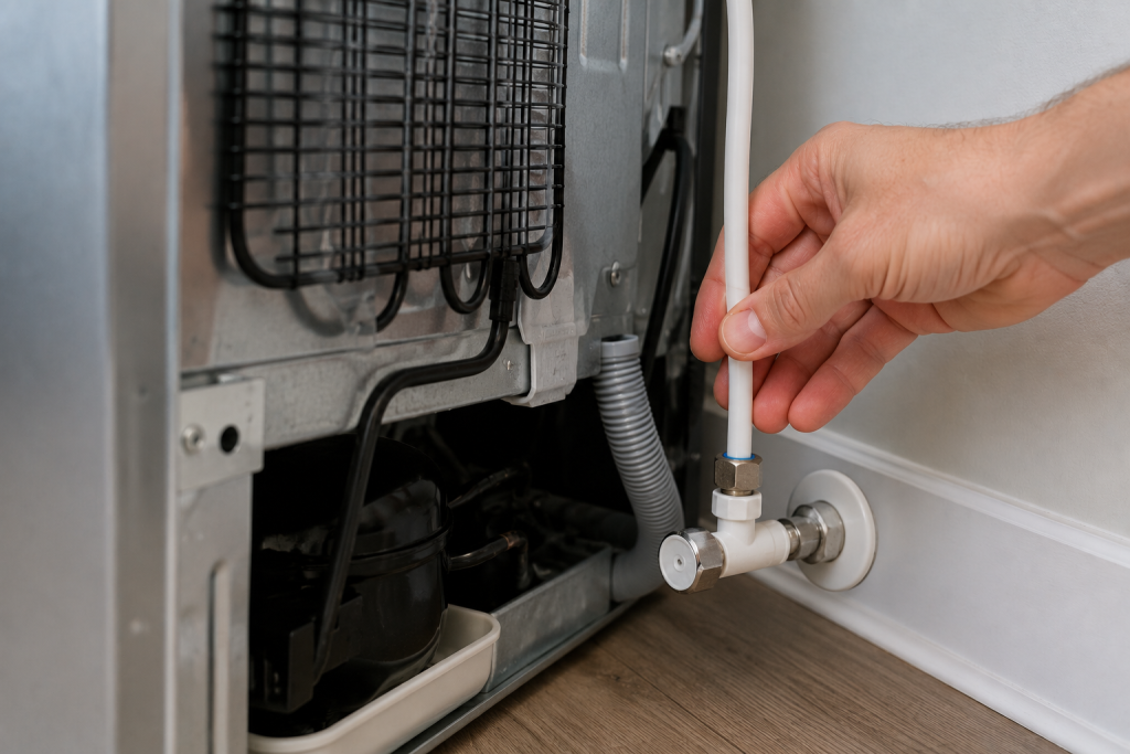 Homeowner inspecting refrigerator water supply line and shutoff valve behind refrigerator to troubleshoot ice maker not working properly