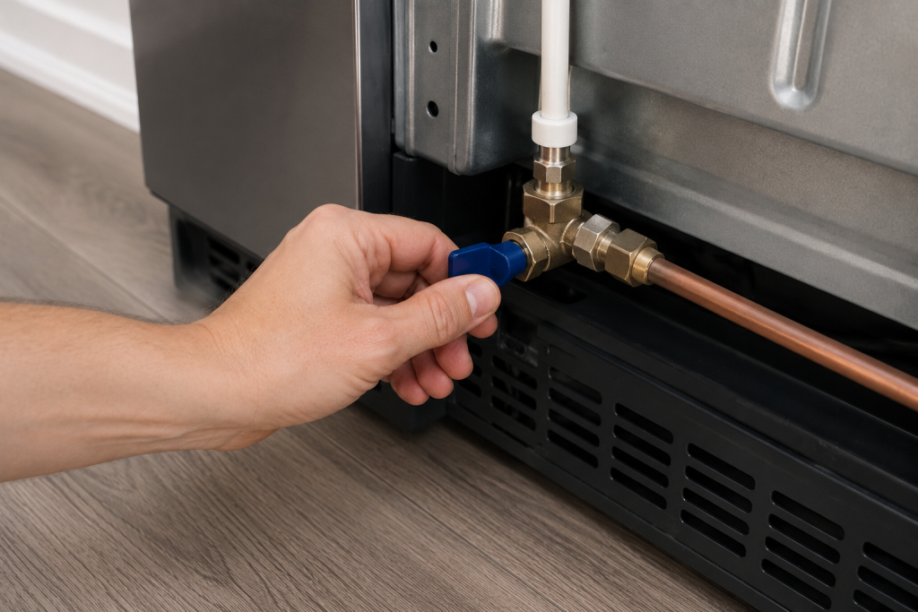 Hand checking the refrigerator water supply shutoff valve and water line behind a Whirlpool refrigerator Whirlpool Ice Maker Not Making Ice After Filter Change