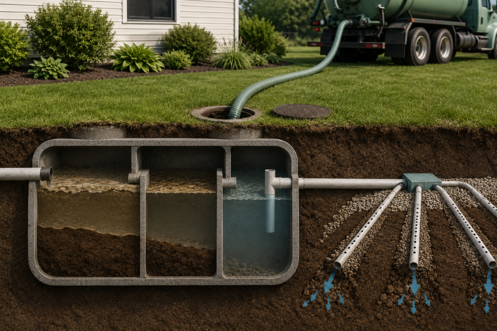 Residential septic tank system with drain field and service truck showing possible septic problems causing toilet gurgling and slow drains