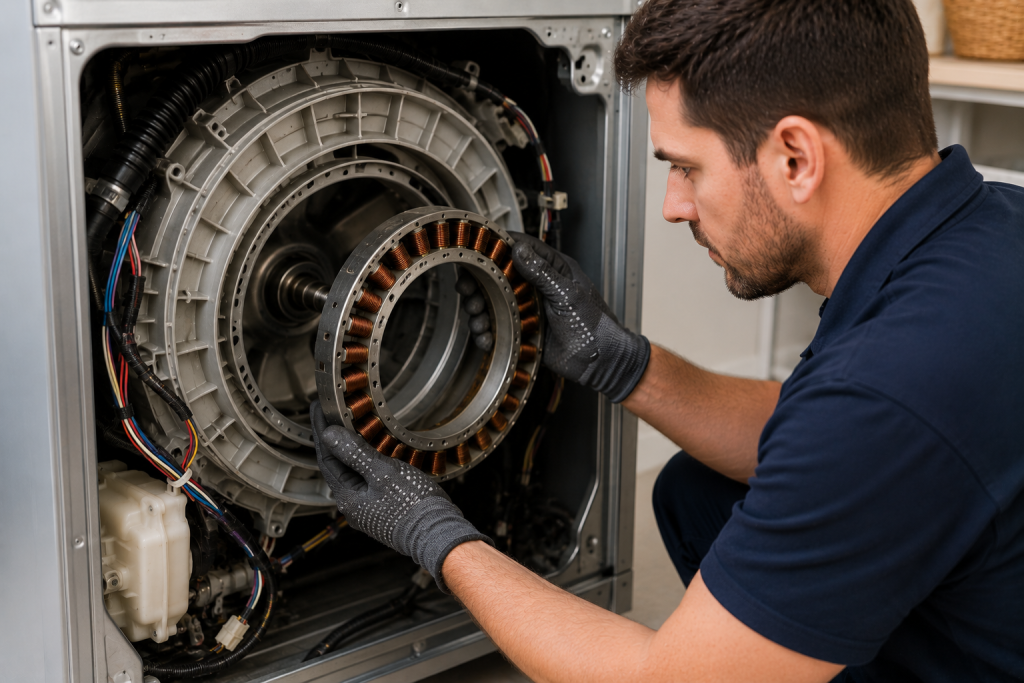 Appliance repair technician inspecting the stator motor assembly and rear drum components of a front load washing machine during LG LE error troubleshooting in a modern laundry room