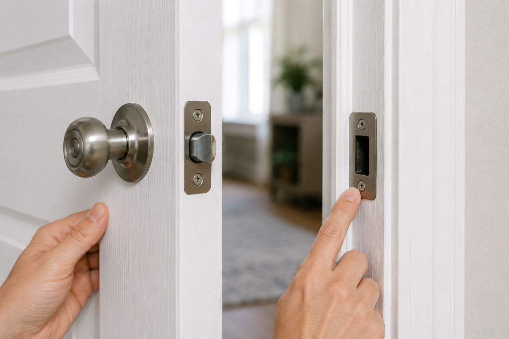 person inspecting door latch and strike plate alignment on a white interior door frame